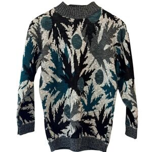 Vintage Kenneth Too! Abstract‎ Graphic Knit Sweater Teal Black White Mens Medium